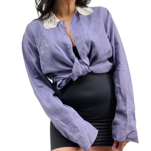 Armand Ventilo Blouse Long Sleeve Solid Purple Crochet Grandmacore - Picture 1 of 8
